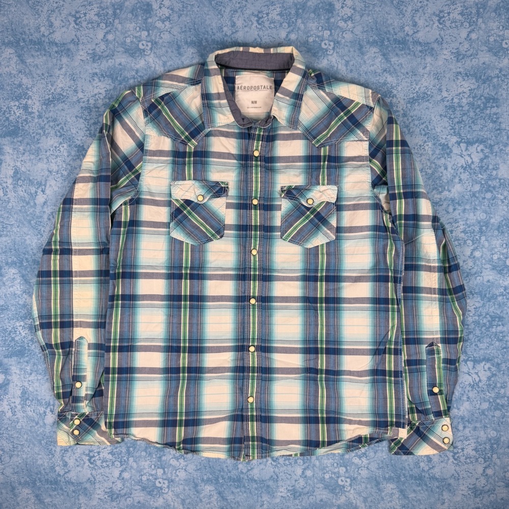 Aeropostale Mens Blue Green Plaid Western Pearl Snap Button Down Shirt Medium